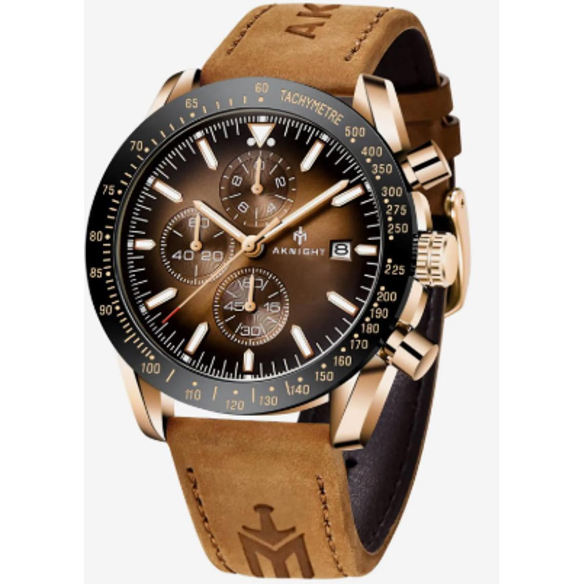 Aknight Mens Watch With Brown Leather Strap And Brown Dial